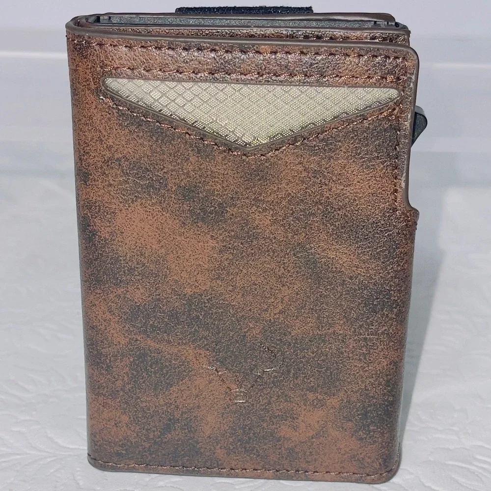 Mens Pop Up AirTag Wallet OS Brown Distressed RFID Trifold Slim